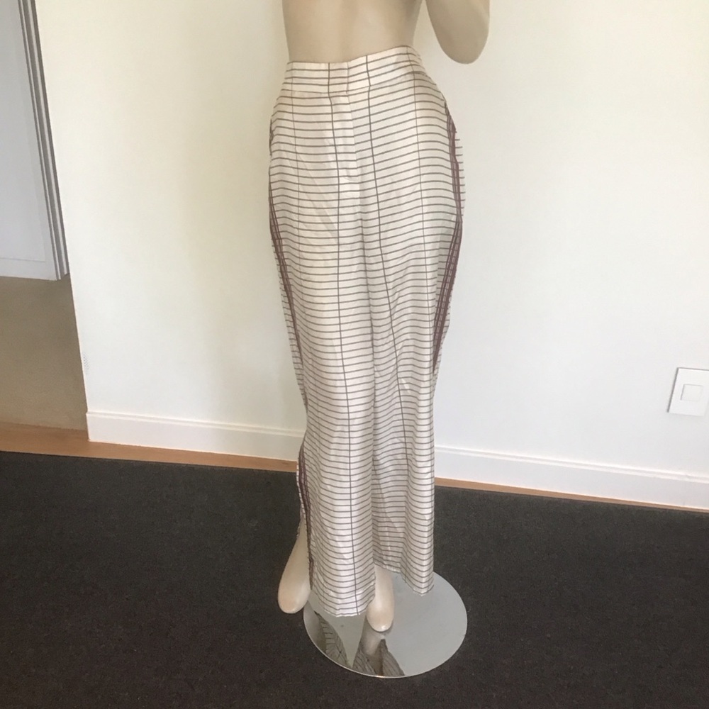 Hellessy New York Cream‎ Burgundy Striped 100% Silk Wide Leg Pants US 10